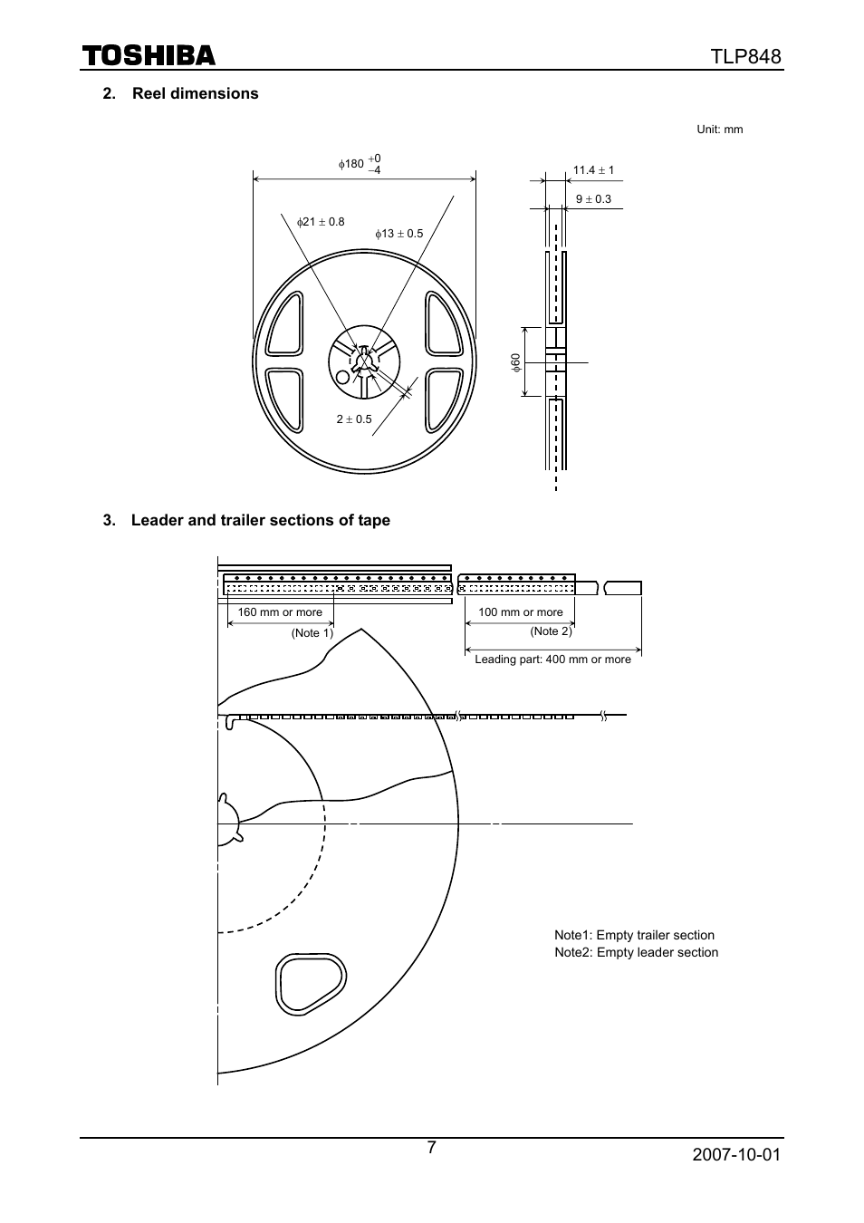 Reel dimensions, Leader and trailer sections of tape, Tlp848 | Toshiba TLP848 User Manual | Page 7 / 12