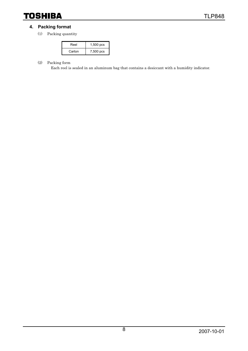 Packing format, Tlp848 | Toshiba TLP848 User Manual | Page 8 / 12