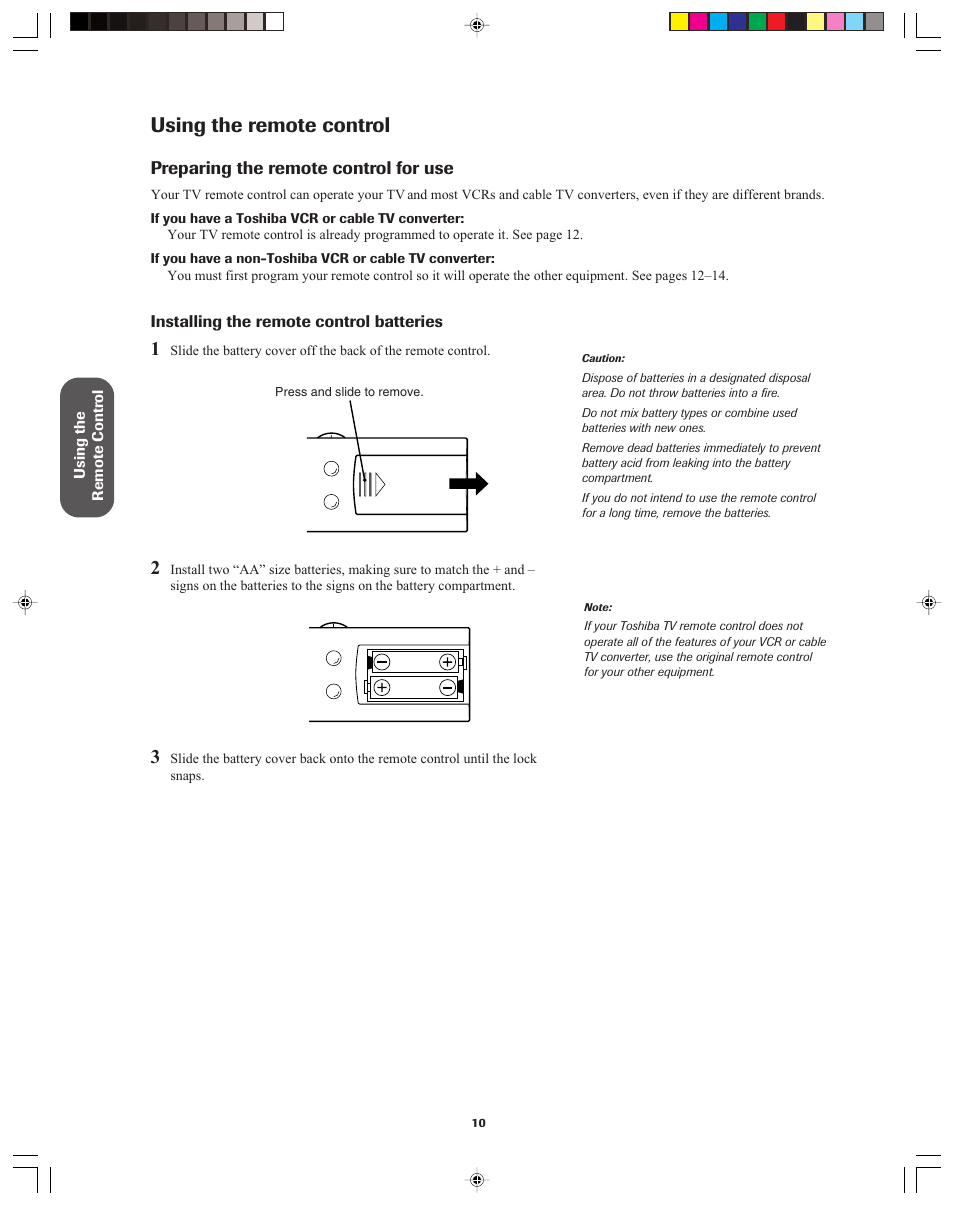 Using the remote control, Preparing for use, Preparing the remote control for use | Toshiba 32A42A User Manual | Page 10 / 36