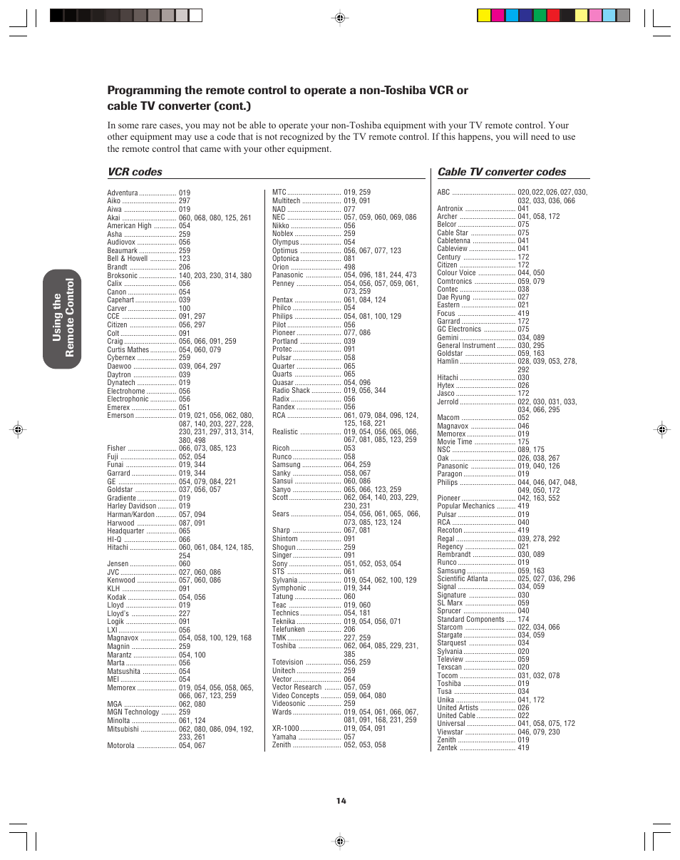 Using the remote contr ol, Vcr codes, Cable tv converter codes | Toshiba 32A42A User Manual | Page 14 / 36