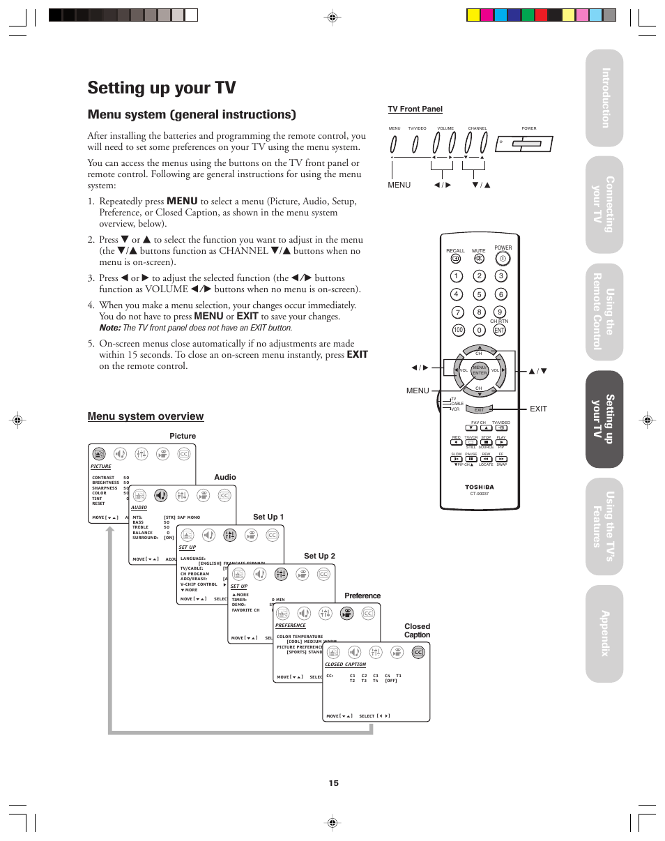 Setting up your tv, Menu system, Menu system (general instructions) | Menu system overview | Toshiba 32A42A User Manual | Page 15 / 36