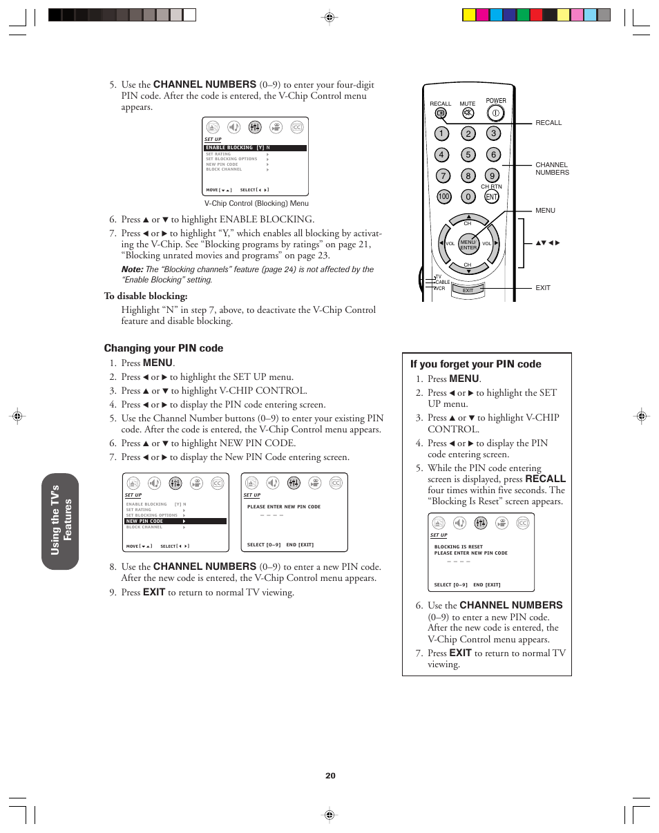 Using the t v’s f eatur es, Changing your pin code, If you forget your pin code | Toshiba 32A42A User Manual | Page 20 / 36