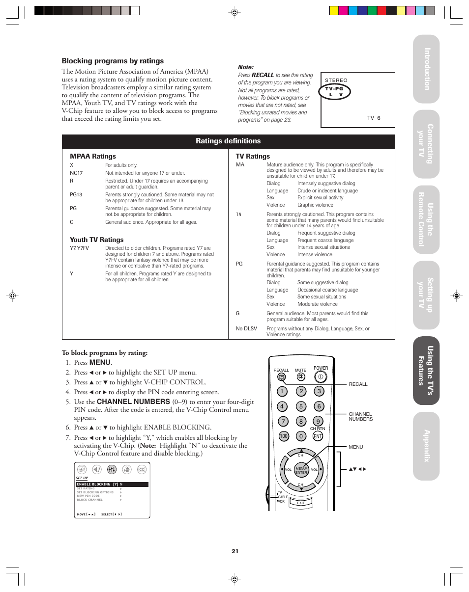 Blocking programs by ratings, Ratings definitions | Toshiba 32A42A User Manual | Page 21 / 36