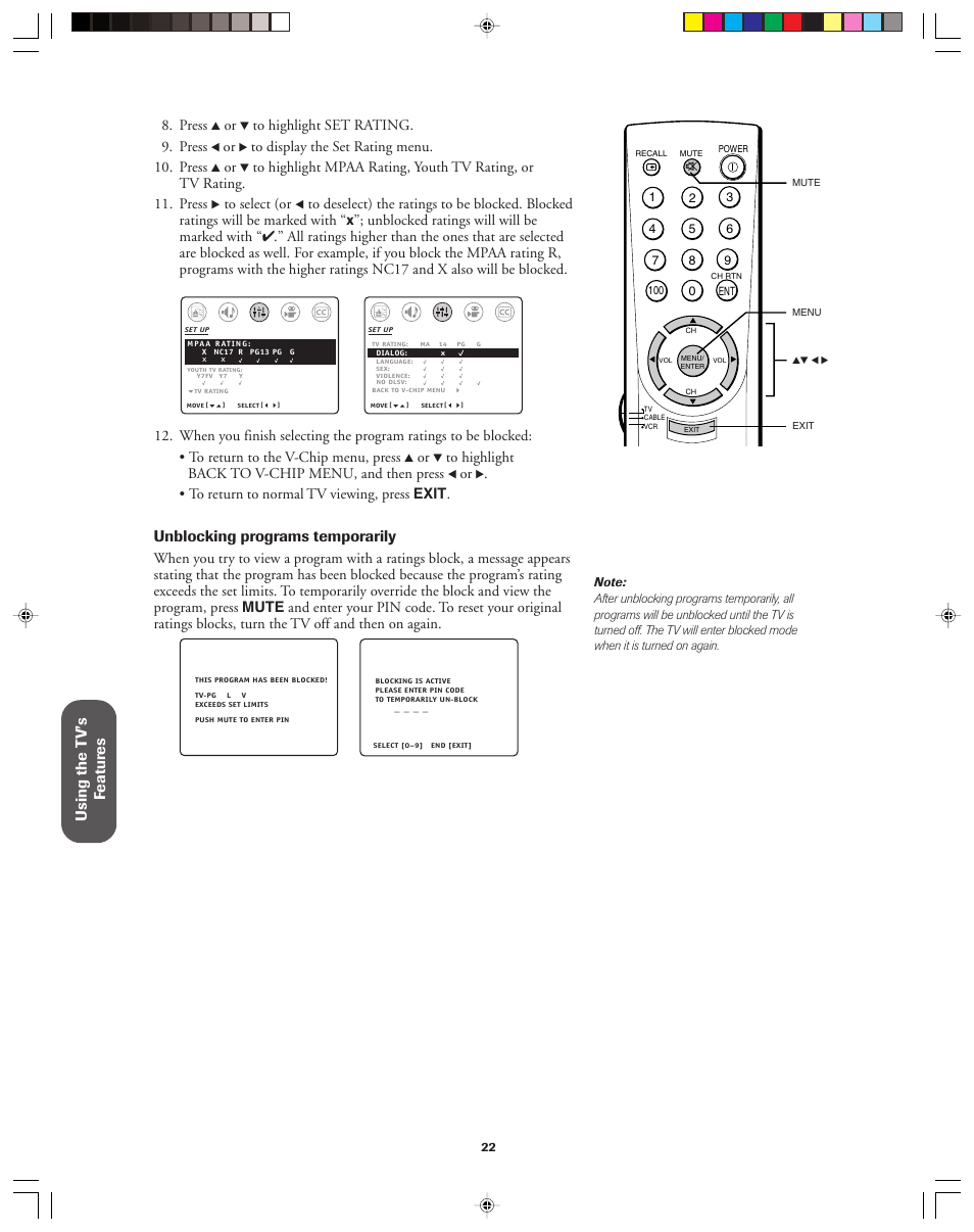 Using the t v’s f eatur es, Unblocking programs temporarily, Press | Toshiba 32A42A User Manual | Page 22 / 36