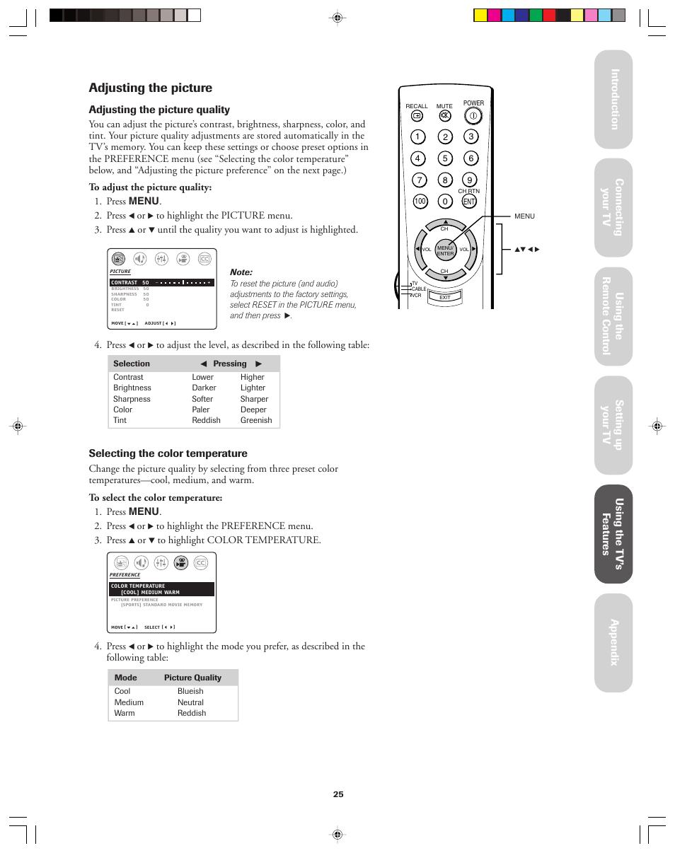 Adjusting the picture, Adjusting the picture quality, Selecting the color temperature | Toshiba 32A42A User Manual | Page 25 / 36