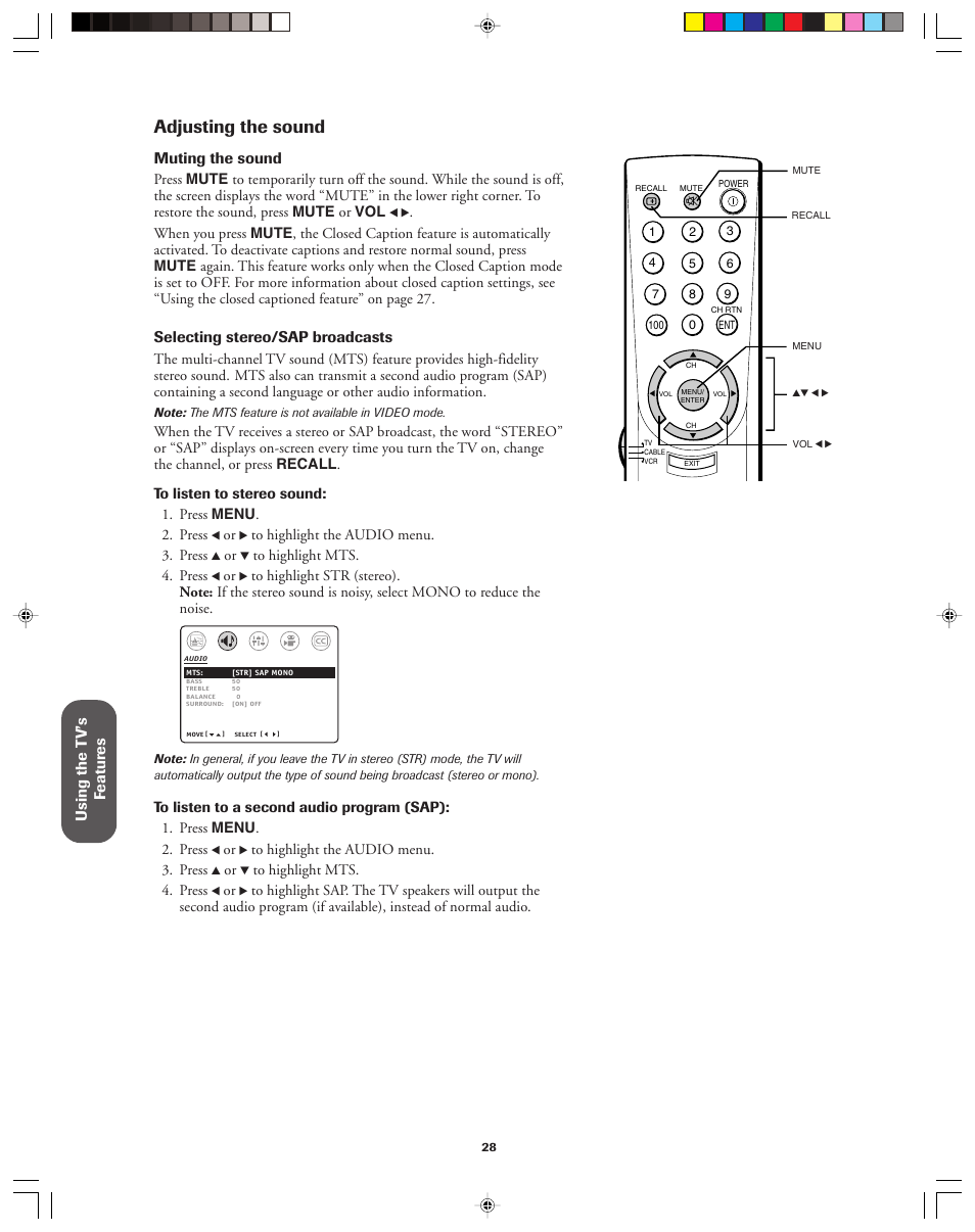 Adjusting the sound, Using the t v’s f eatur es, Muting the sound | Selecting stereo/sap broadcasts | Toshiba 32A42A User Manual | Page 28 / 36