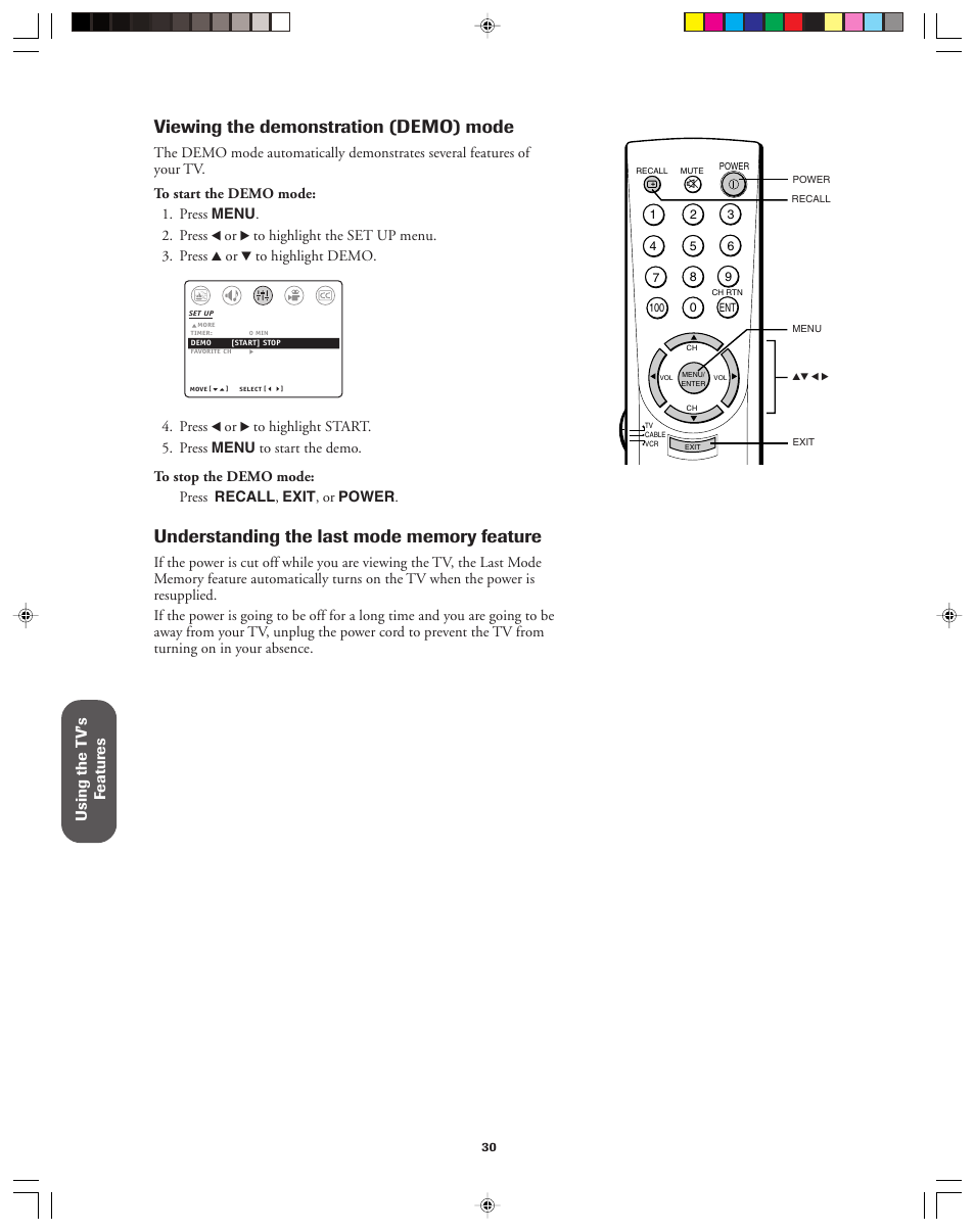 Demonstration mode, Viewing the demonstration (demo) mode, Using the t v’s f eatur es | Toshiba 32A42A User Manual | Page 30 / 36