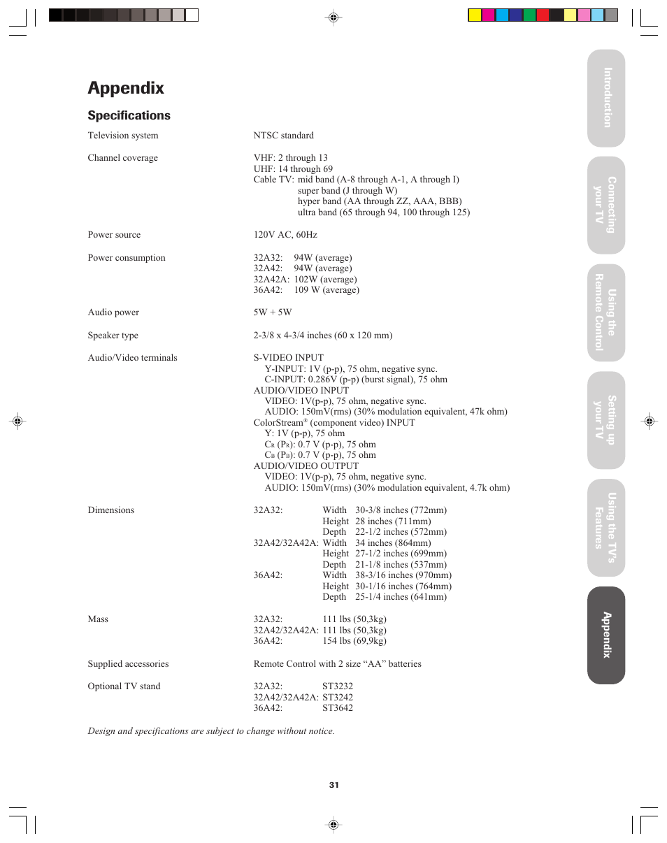 Appendix, Specifications | Toshiba 32A42A User Manual | Page 31 / 36