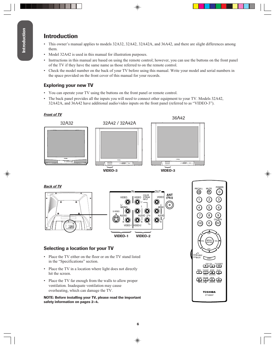 Introduction, Exploring your new tv, 32a32 | Intr oduction | Toshiba 32A42A User Manual | Page 6 / 36