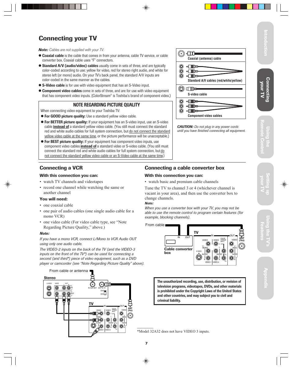 Connecting your tv, Vcr - cable converter box, Connecting a vcr | Connecting a cable converter box | Toshiba 32A42A User Manual | Page 7 / 36