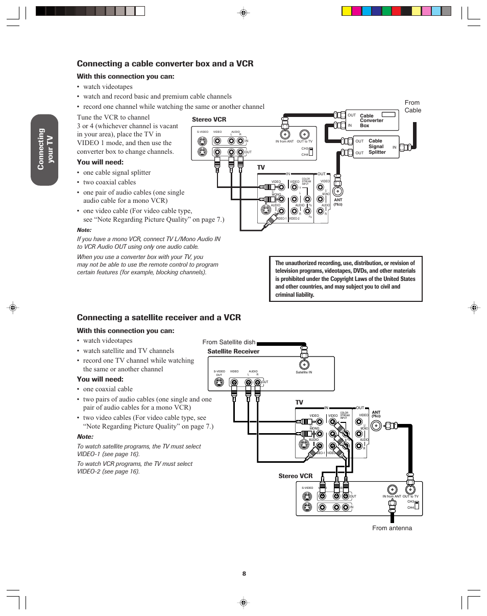 Cable converter box and vcr, Connecting a satellite receiver and vcr, Connecting a cable converter box and a vcr | Connecting a satellite receiver and a vcr, Connecting y our t v, Stereo vcr tv | Toshiba 32A42A User Manual | Page 8 / 36