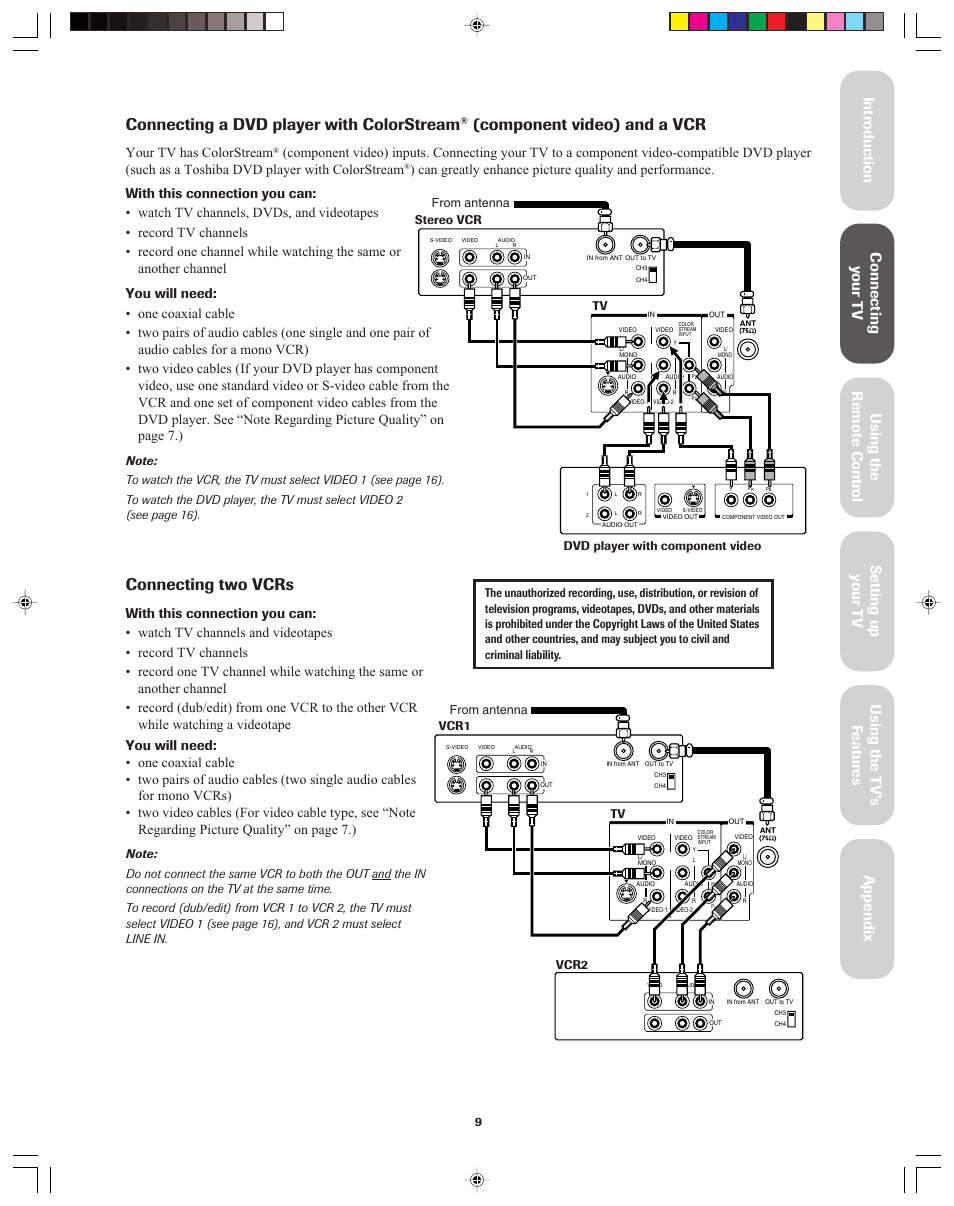 Dvd player with colorstream and vcr, Two vcrs, Connecting a dvd player with colorstream | Component video) and a vcr, Connecting two vcrs, Your tv has colorstream | Toshiba 32A42A User Manual | Page 9 / 36