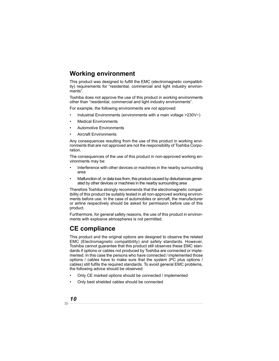 Working environment, Ce compliance | Toshiba E350/E355 User Manual | Page 10 / 116