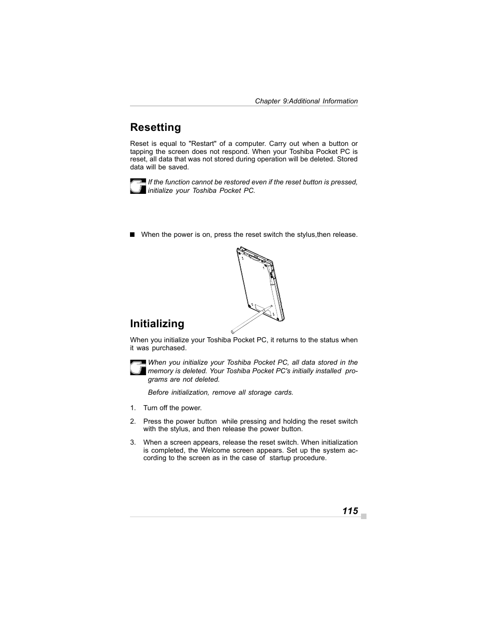 Resetting, Initializing | Toshiba E350/E355 User Manual | Page 115 / 116