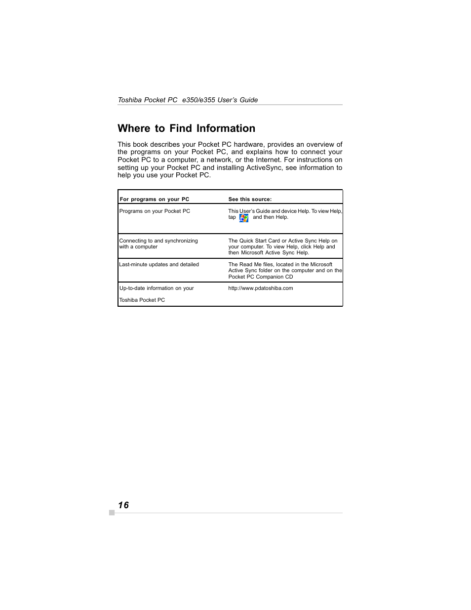 Where to find information | Toshiba E350/E355 User Manual | Page 16 / 116