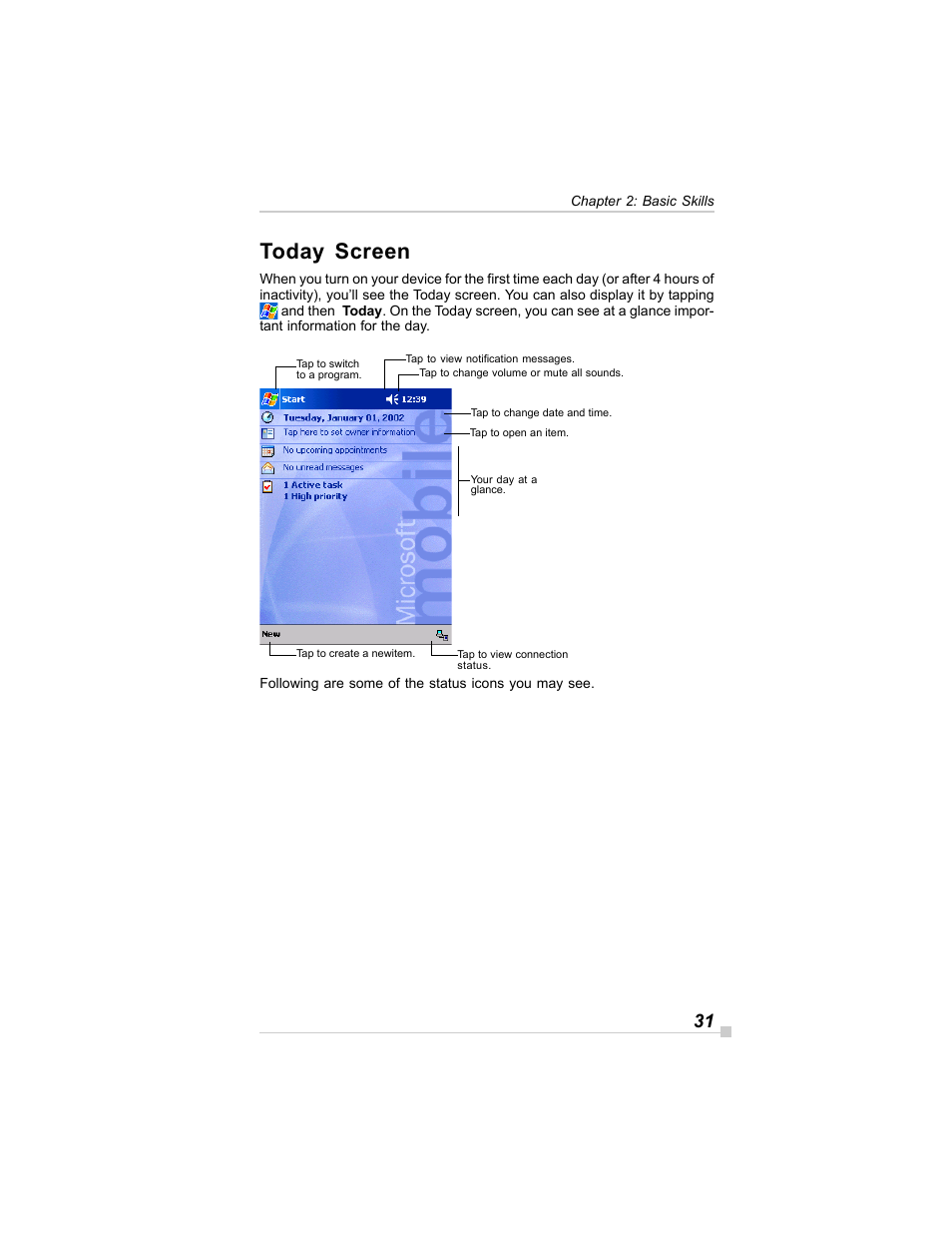 Today screen | Toshiba E350/E355 User Manual | Page 31 / 116