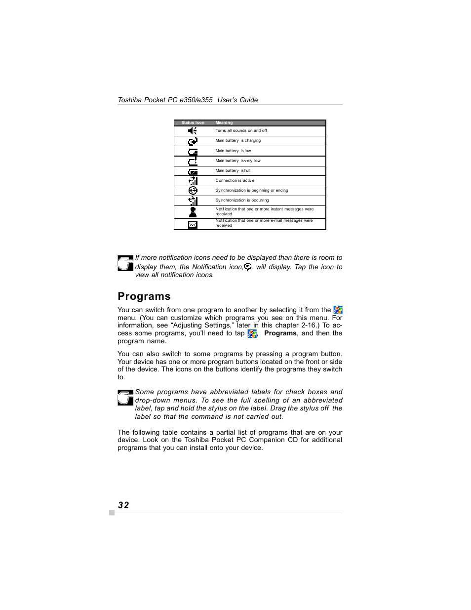 Programs | Toshiba E350/E355 User Manual | Page 32 / 116