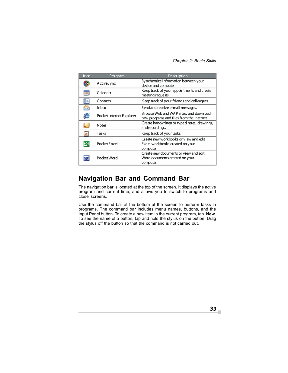 Navigation bar and command bar | Toshiba E350/E355 User Manual | Page 33 / 116