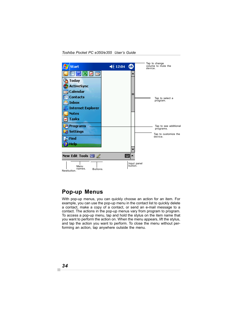 Pop-up menus | Toshiba E350/E355 User Manual | Page 34 / 116
