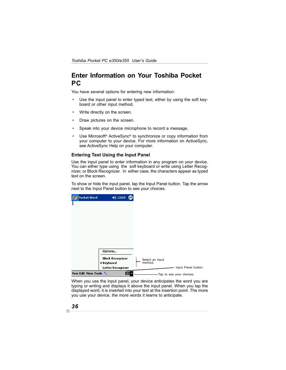 Enter information on your toshiba pocket pc | Toshiba E350/E355 User Manual | Page 36 / 116