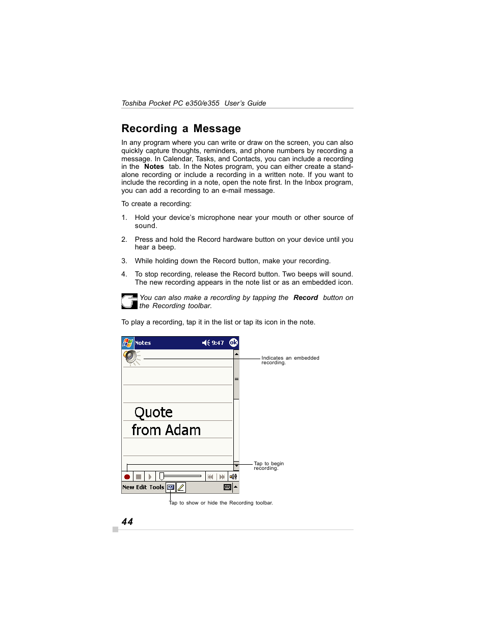 Recording a message | Toshiba E350/E355 User Manual | Page 44 / 116