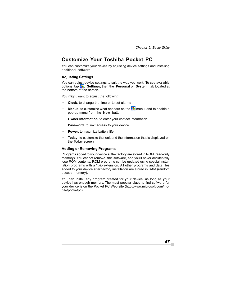 Customize your toshiba pocket pc | Toshiba E350/E355 User Manual | Page 47 / 116