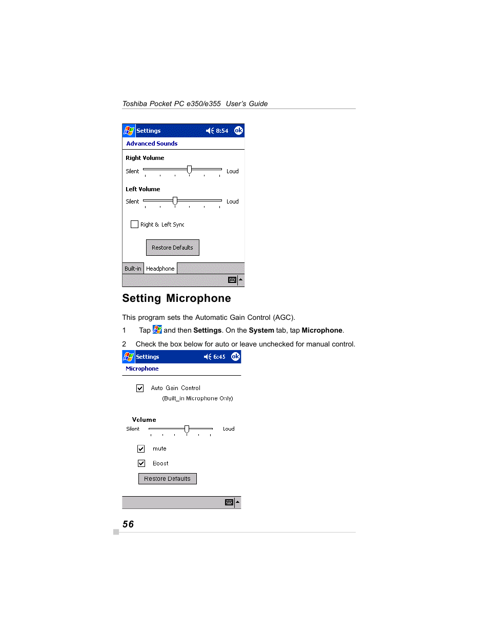 Setting microphone | Toshiba E350/E355 User Manual | Page 56 / 116