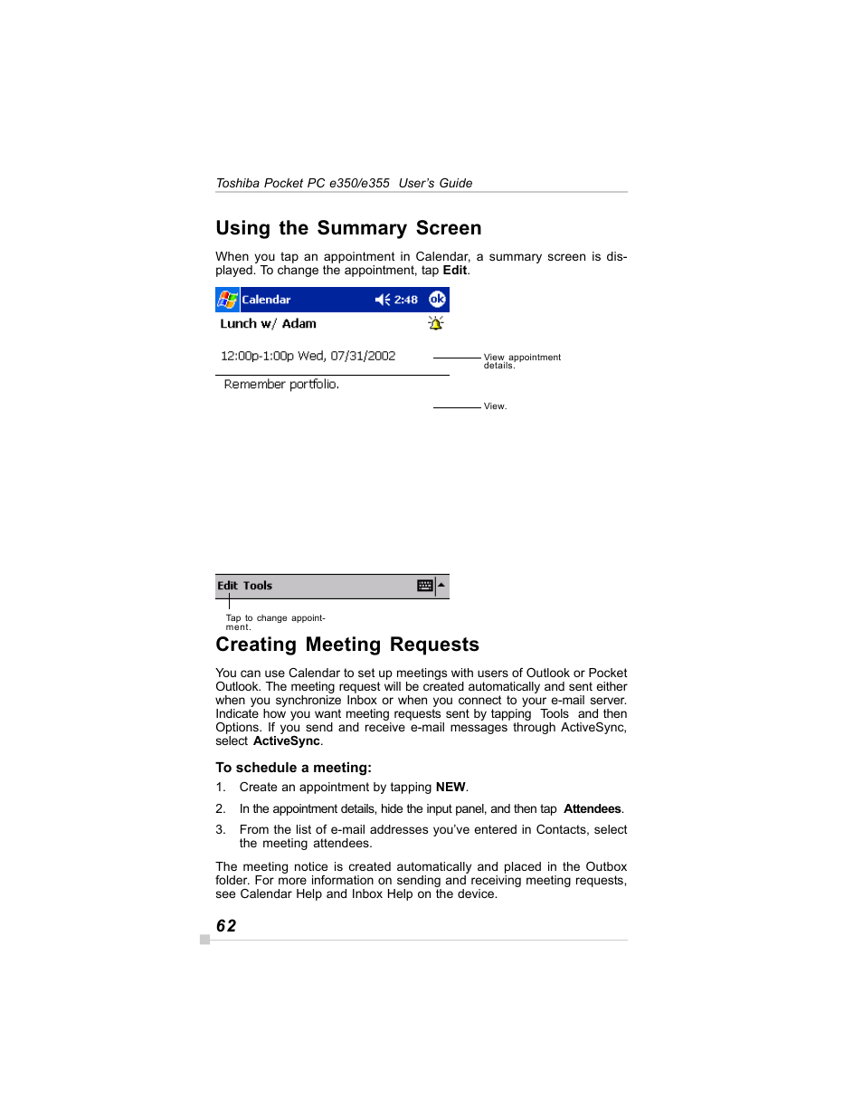 Creating meeting requests, Using the summary screen | Toshiba E350/E355 User Manual | Page 62 / 116