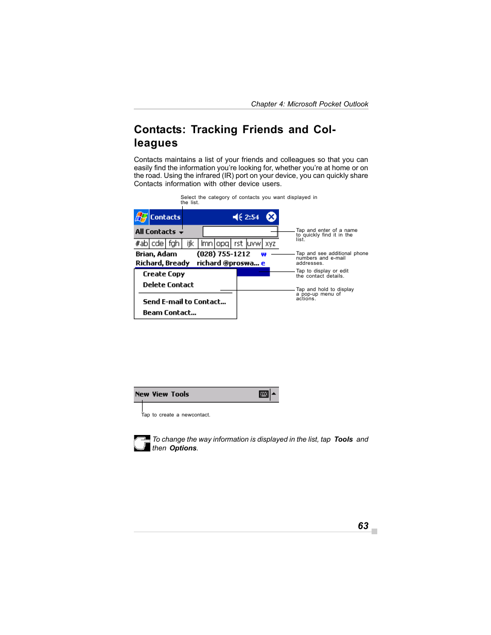 Contacts: tracking friends and col- leagues | Toshiba E350/E355 User Manual | Page 63 / 116
