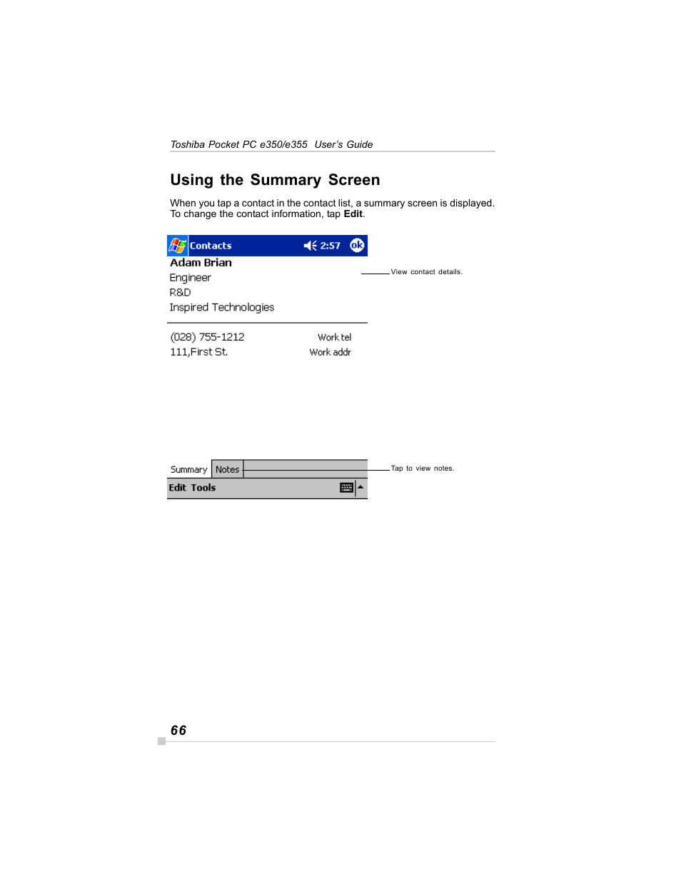 Using the summary screen | Toshiba E350/E355 User Manual | Page 66 / 116