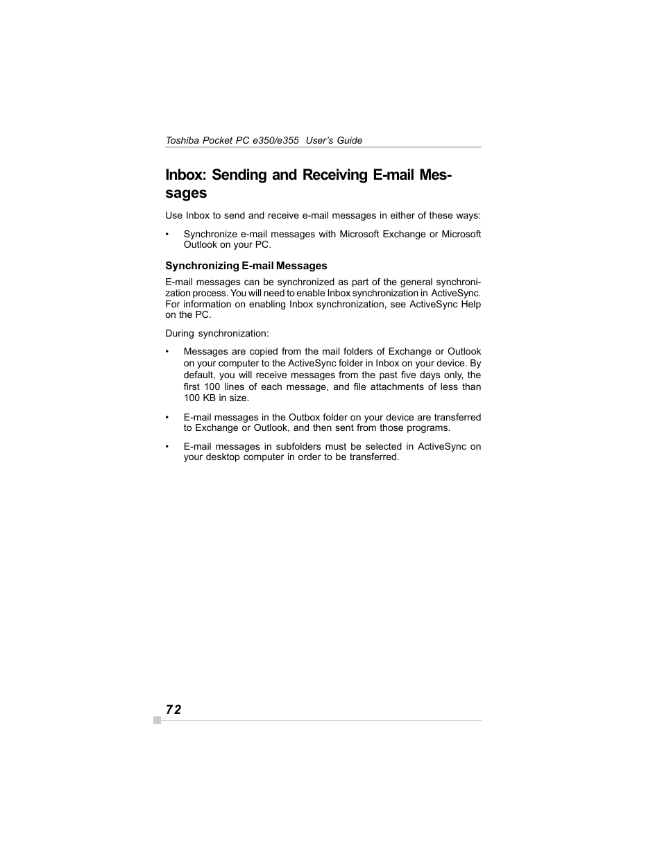 Inbox: sending and receiving e-mail mes- sages | Toshiba E350/E355 User Manual | Page 72 / 116