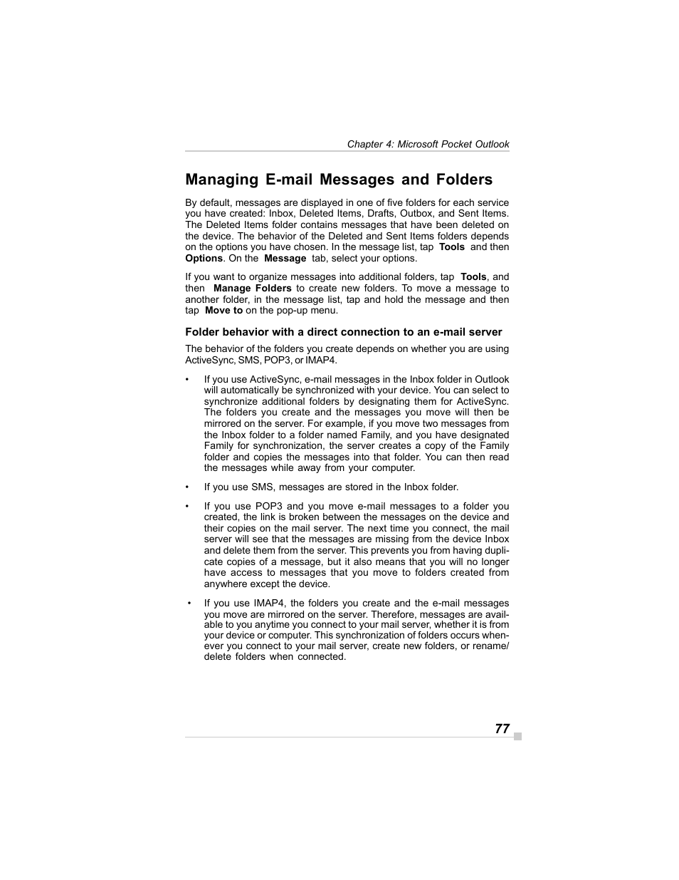 Managing e-mail messages and folders | Toshiba E350/E355 User Manual | Page 77 / 116