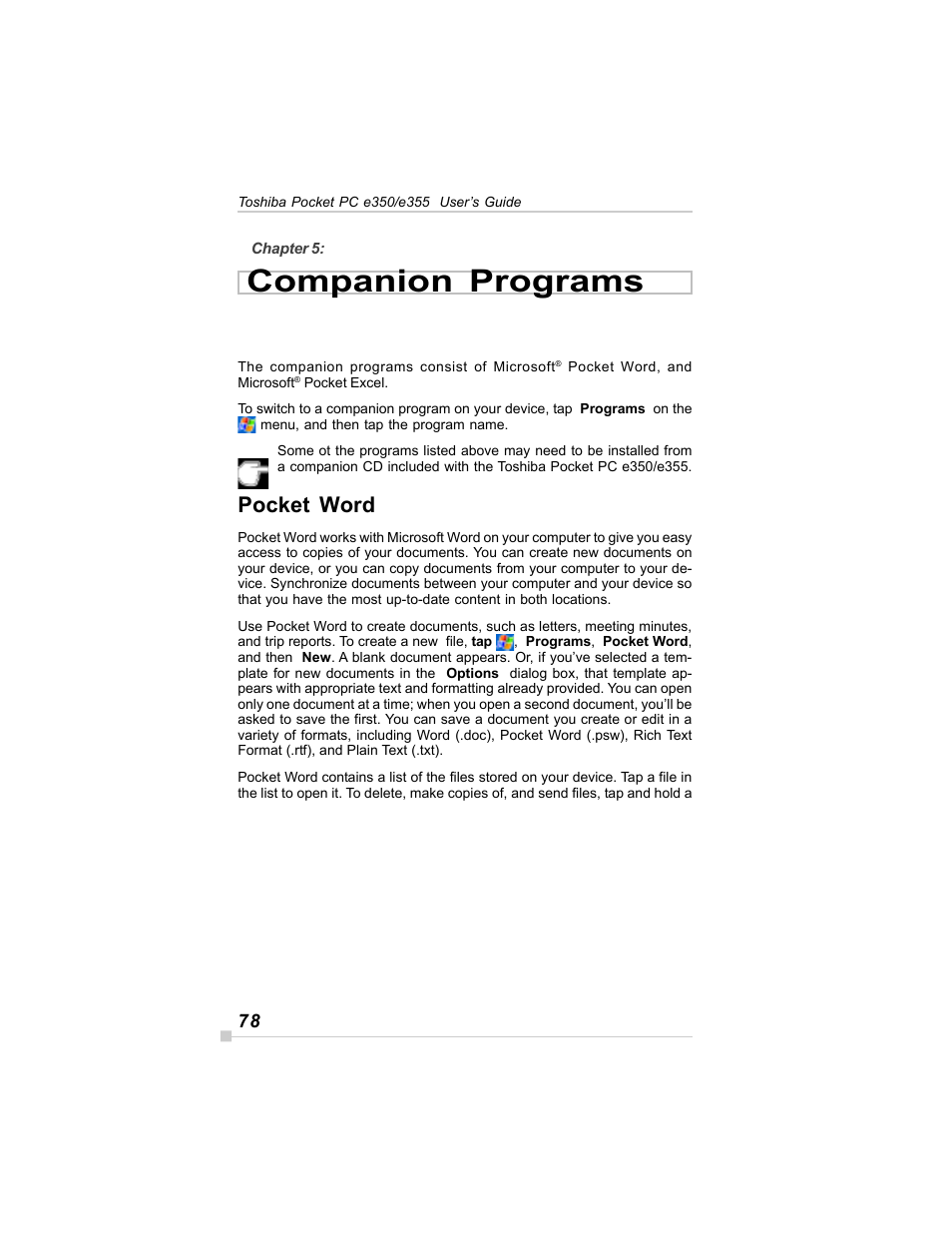 Companion programs, Pocket word | Toshiba E350/E355 User Manual | Page 78 / 116