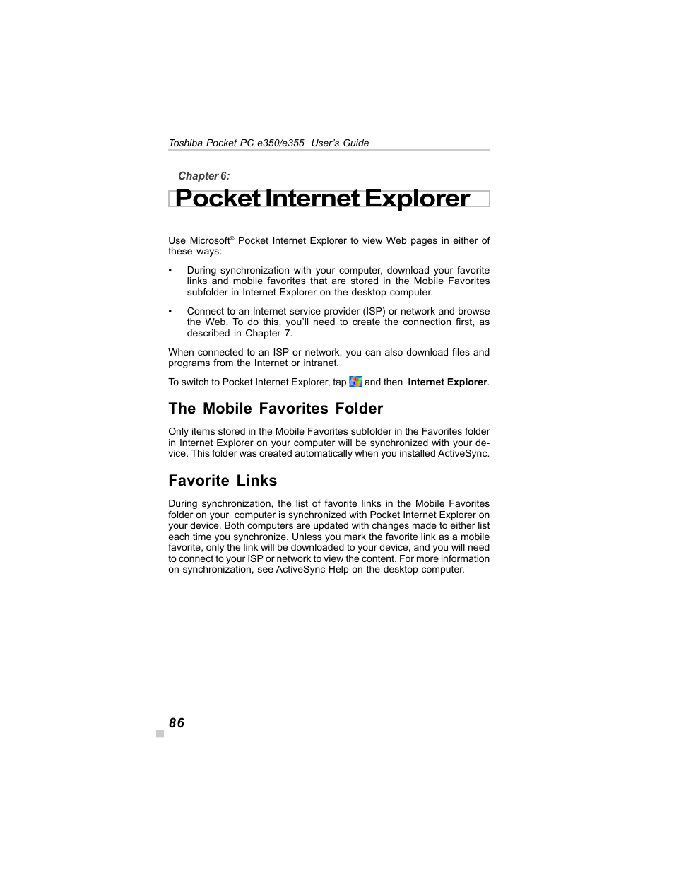 Pocket internet explorer, The mobile favorites folder, Favorite links | Toshiba E350/E355 User Manual | Page 86 / 116
