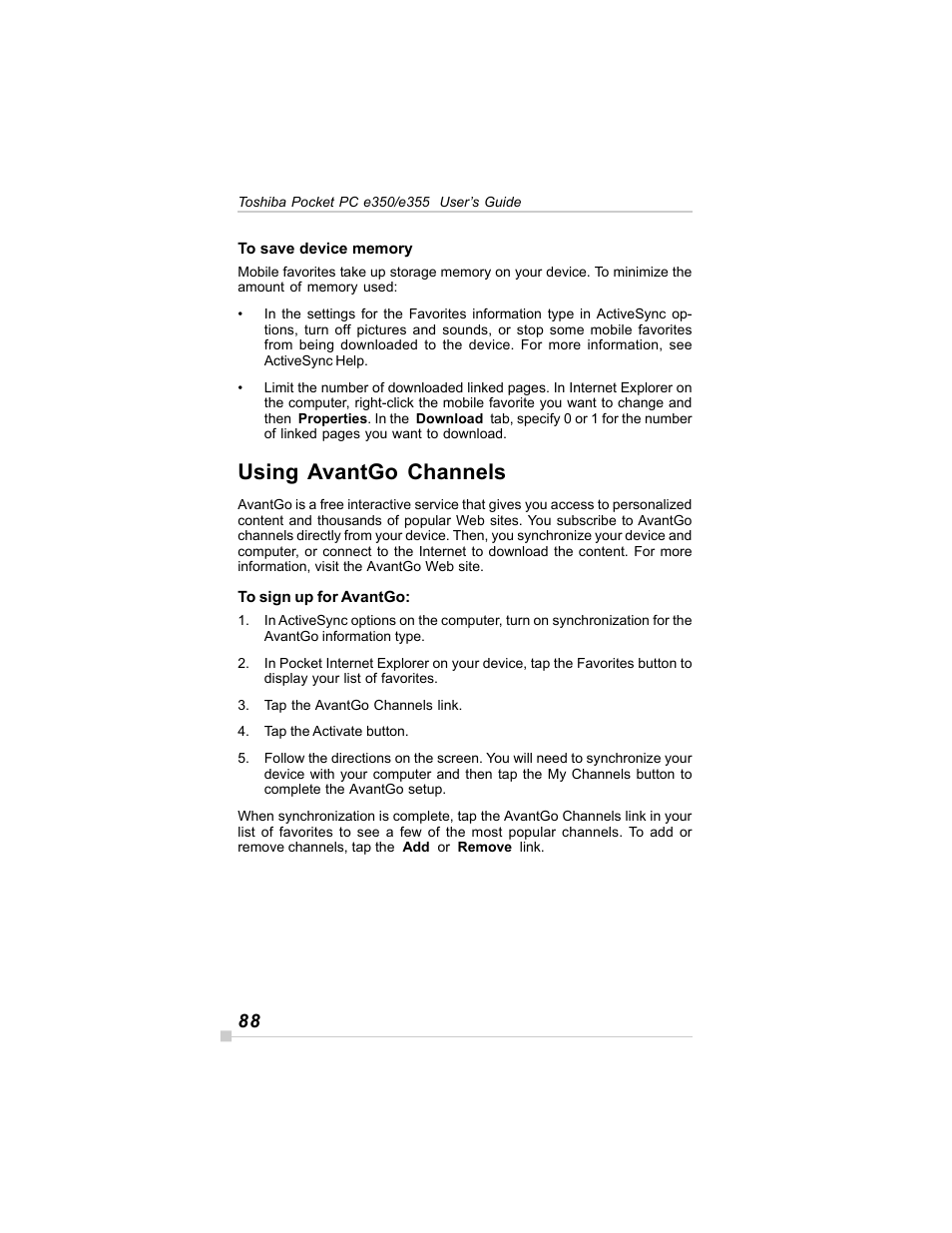 Using avantgo channels | Toshiba E350/E355 User Manual | Page 88 / 116