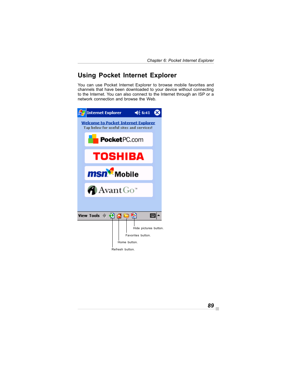 Using pocket internet explorer | Toshiba E350/E355 User Manual | Page 89 / 116