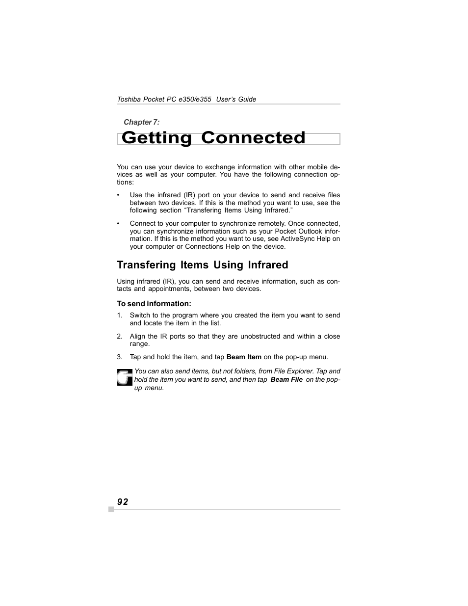 Getting connected, Transfering items using infrared | Toshiba E350/E355 User Manual | Page 92 / 116