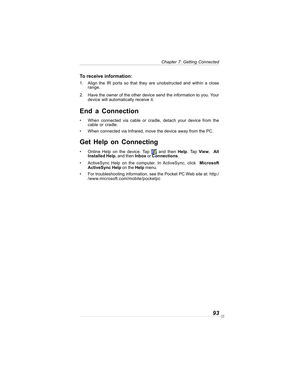 End a connection, Get help on connecting | Toshiba E350/E355 User Manual | Page 93 / 116
