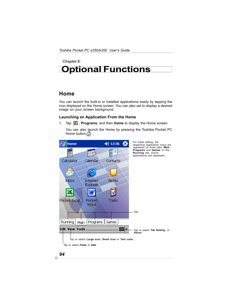 Optional functions, Home | Toshiba E350/E355 User Manual | Page 94 / 116