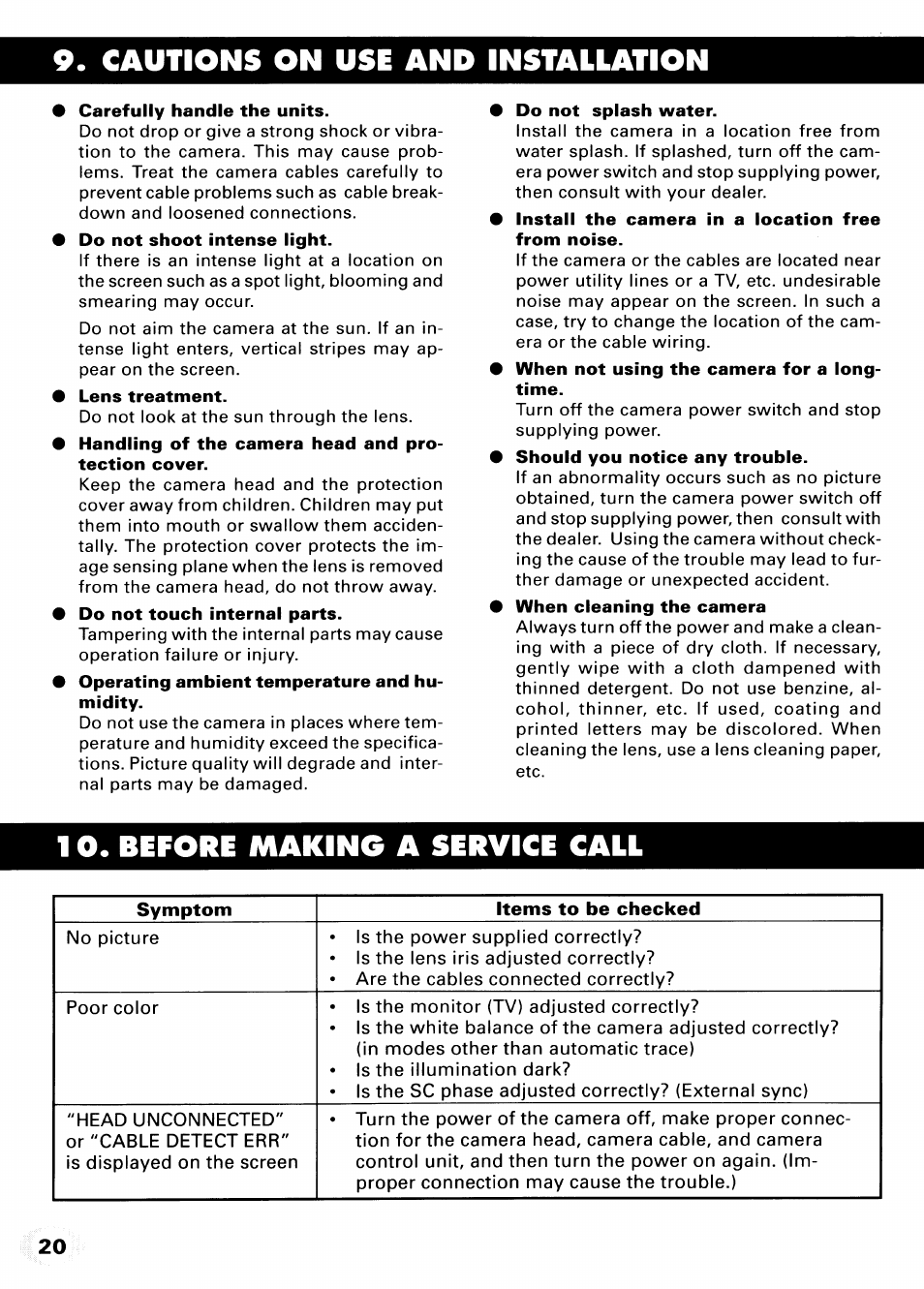 Cautions on use and installation, Before making a service call | Toshiba IK-CU43A User Manual | Page 20 / 23