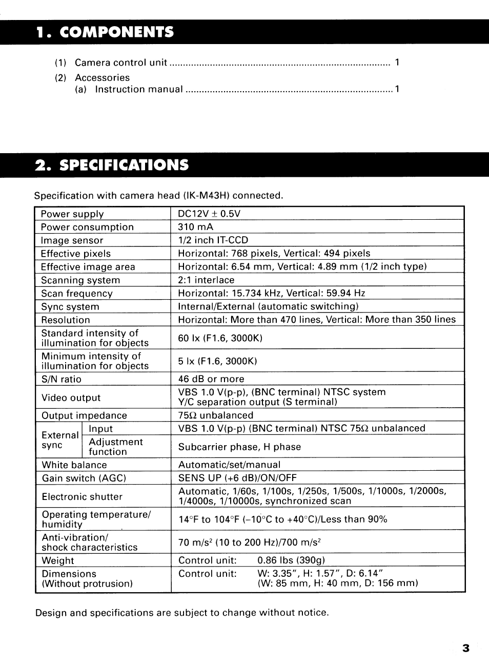 Components, Specifications | Toshiba IK-CU43A User Manual | Page 3 / 23