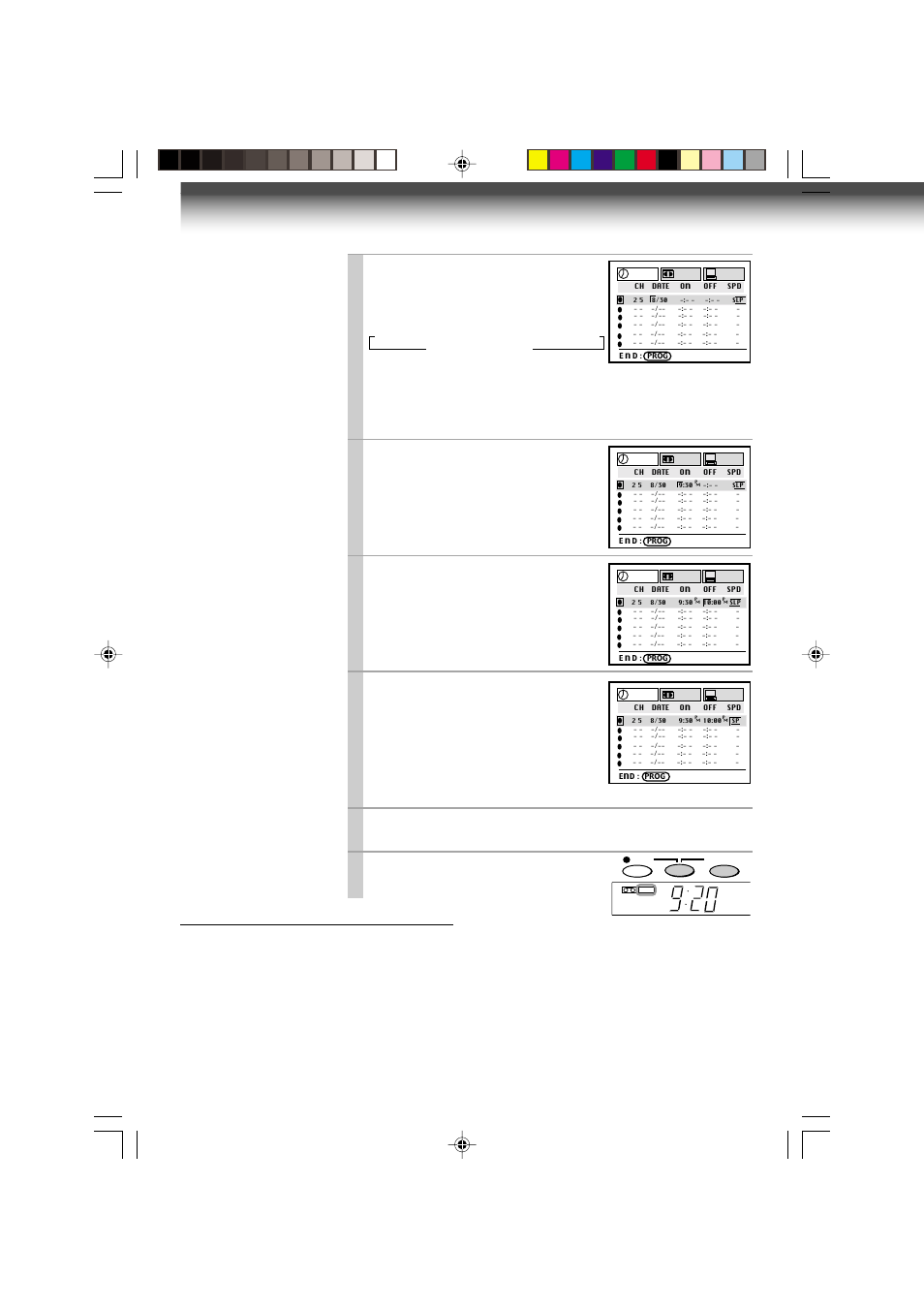 Timer program recording (continued), Move to the next, and set the recording off time, Press prog | Press both timer simultaneously, Auto speed select | Toshiba W-608 User Manual | Page 26 / 47