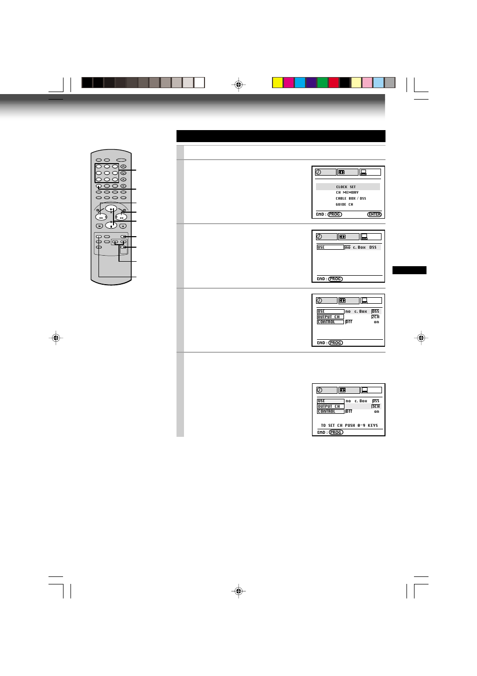 Satellite receiver set-up, Press prog . to display the menu screen, Select “preset” using ff or rew , and press enter | Select “dss” using ff | Toshiba W-608 User Manual | Page 37 / 47