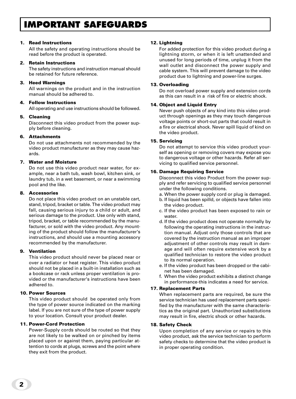 Important safeguards | Toshiba IK-65WDA User Manual | Page 2 / 32