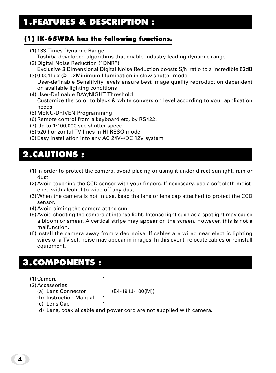 Features & description, Cautions, Components | Toshiba IK-65WDA User Manual | Page 4 / 32