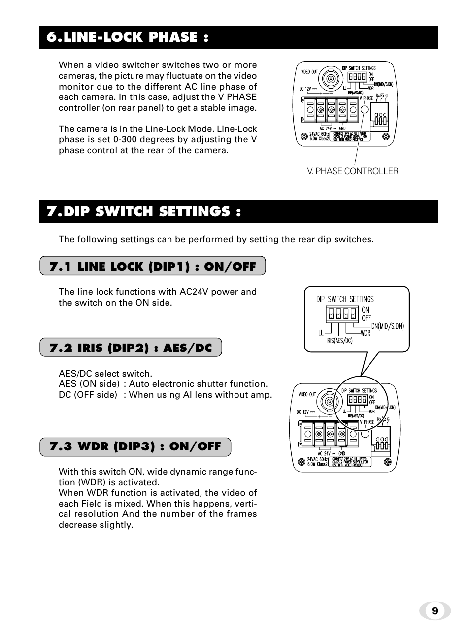 Line-lock phase, Dip switch settings | Toshiba IK-65WDA User Manual | Page 9 / 32