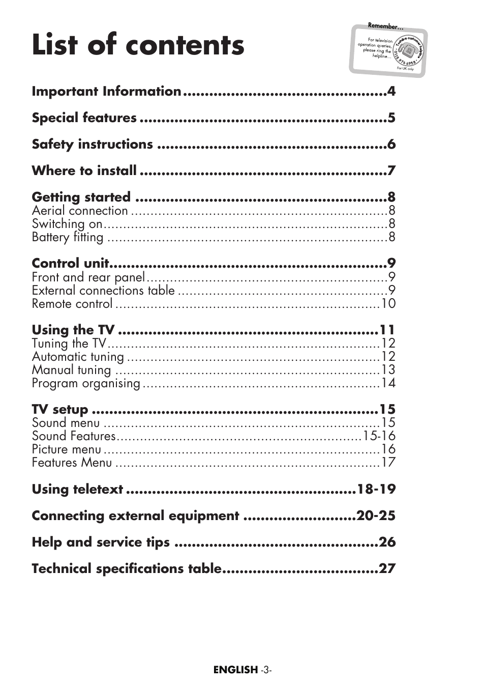 List of contents | Toshiba 15VL63c User Manual | Page 2 / 27