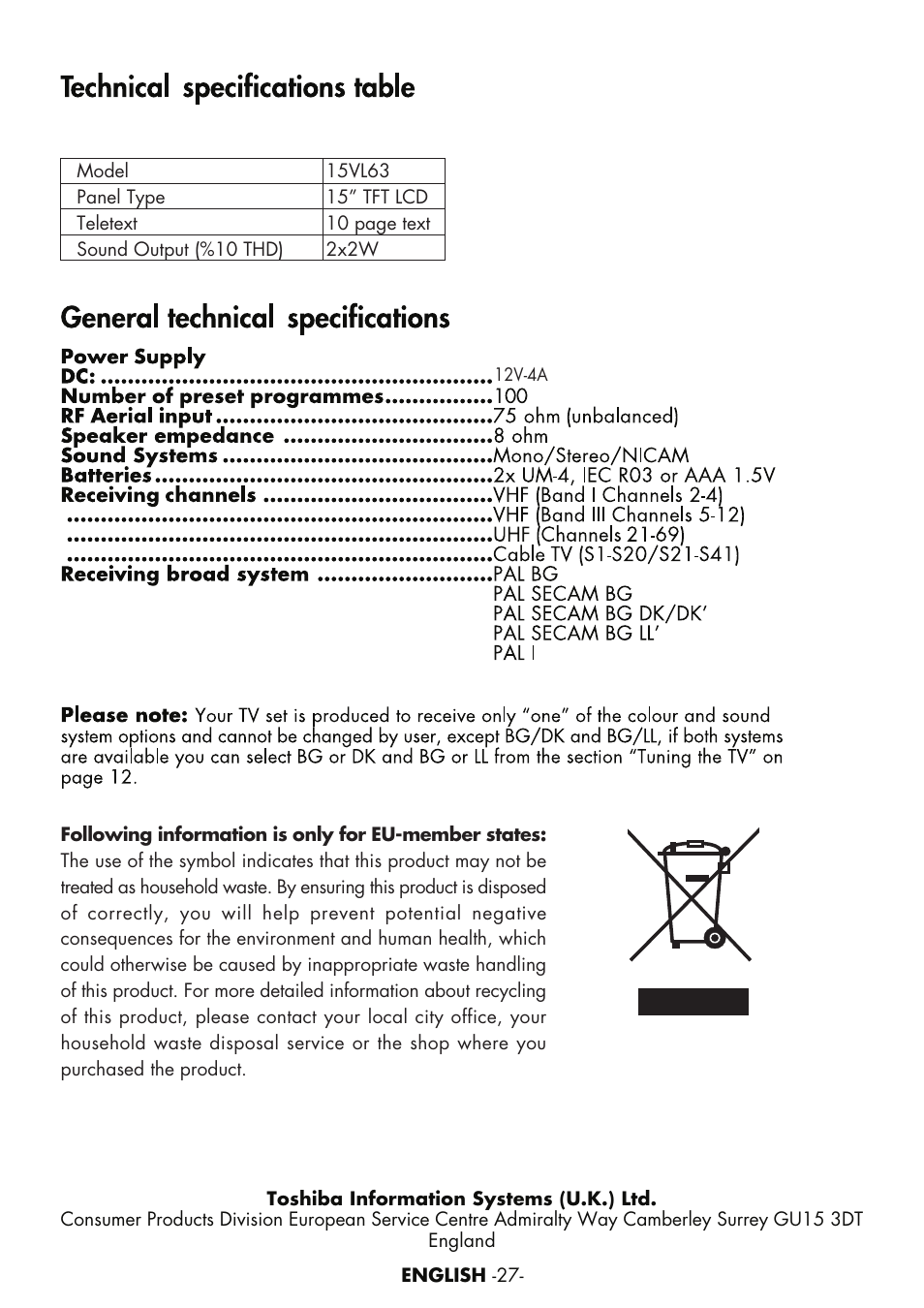 Toshiba 15VL63c User Manual | Page 26 / 27