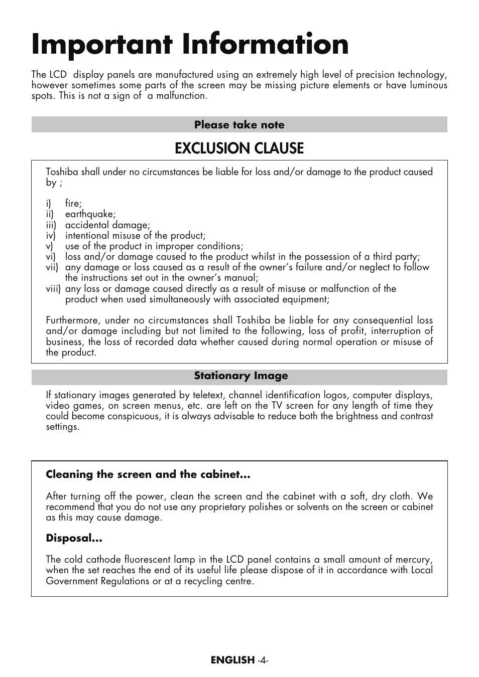Important information, Exclusion clause | Toshiba 15VL63c User Manual | Page 3 / 27