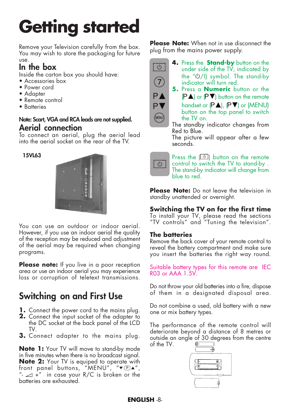 Getting started, Switching on and first use, Aerial connection | Toshiba 15VL63c User Manual | Page 7 / 27